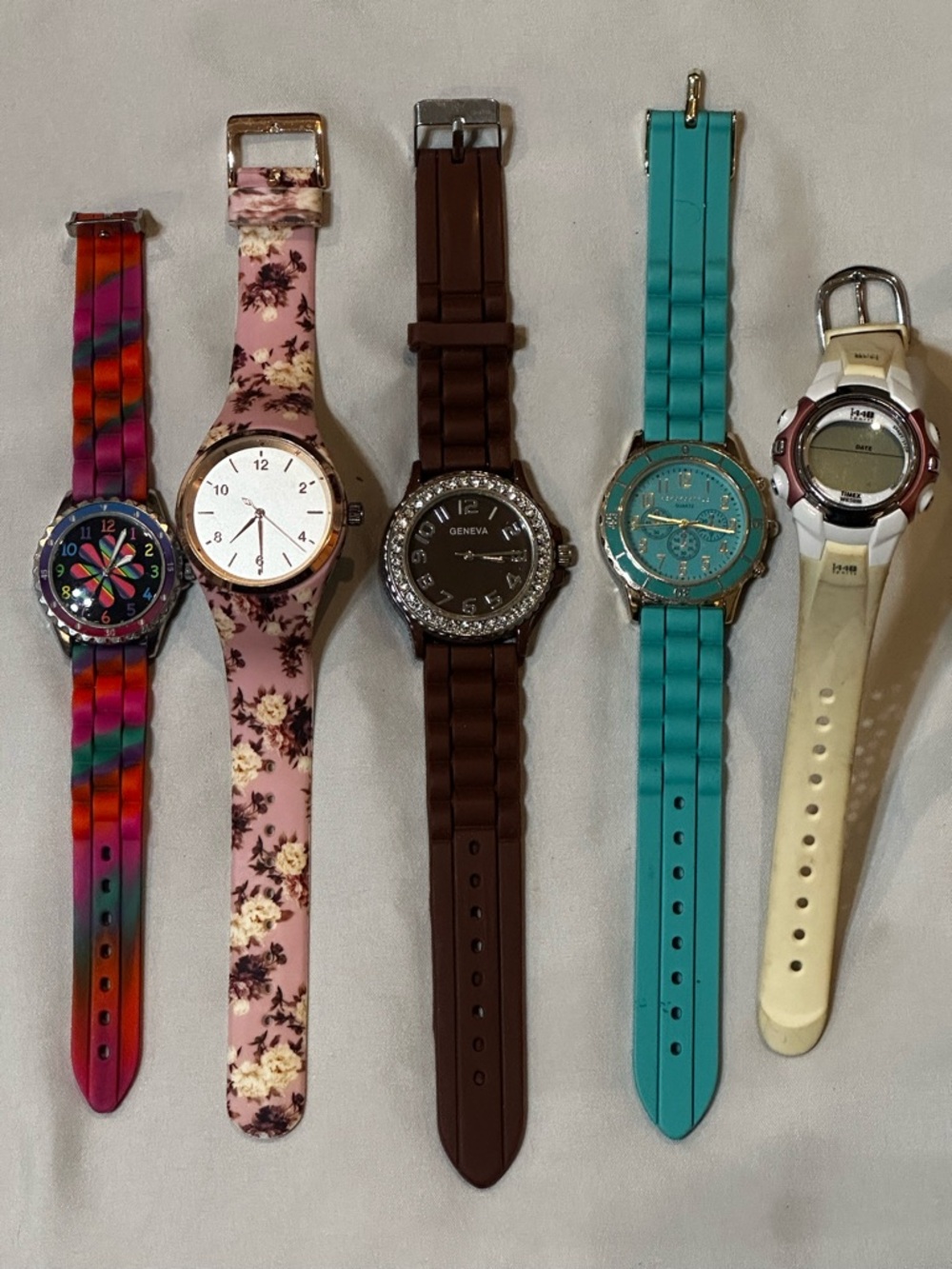 Women’s Rubber Band Watch Bundle: Floral, Tie Dye, Timex, Geneva